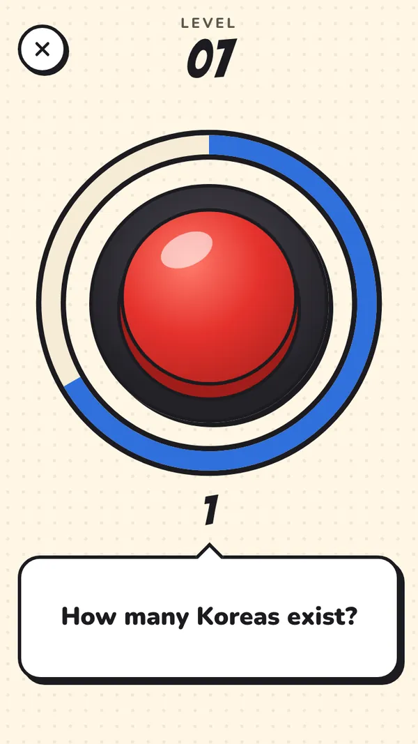 Level 7 in play: the question “How many Koreas exist?” under the button, with the timer ring two-thirds full.